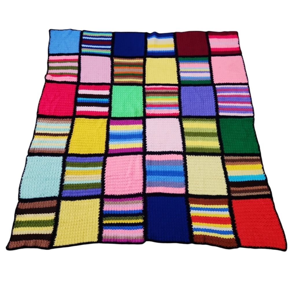 Afghan Blanket Throw Handmade Granny Squares Colorful Hand Crocheted vintage VTG